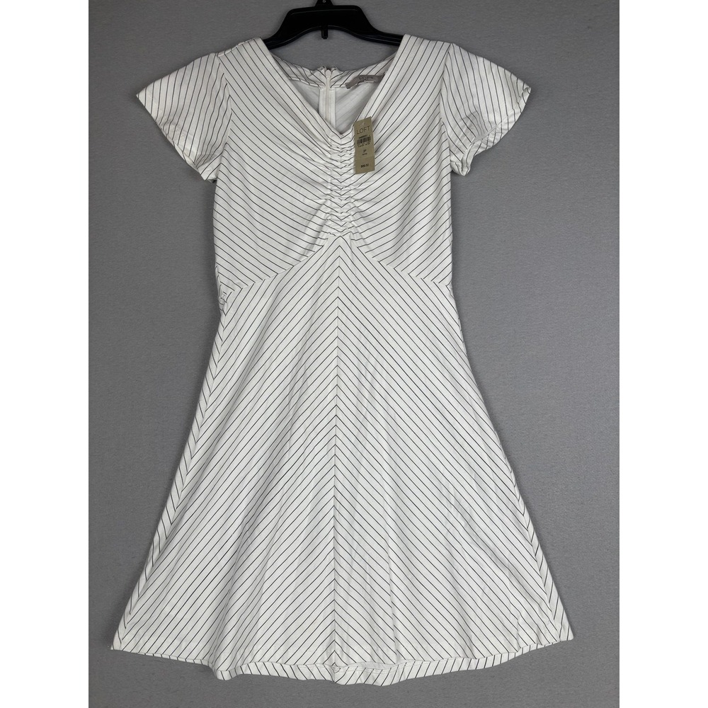 LOFT Dress Womens 2P White Ruched Fit & Flare Short Sleeve Chevron Knee Length